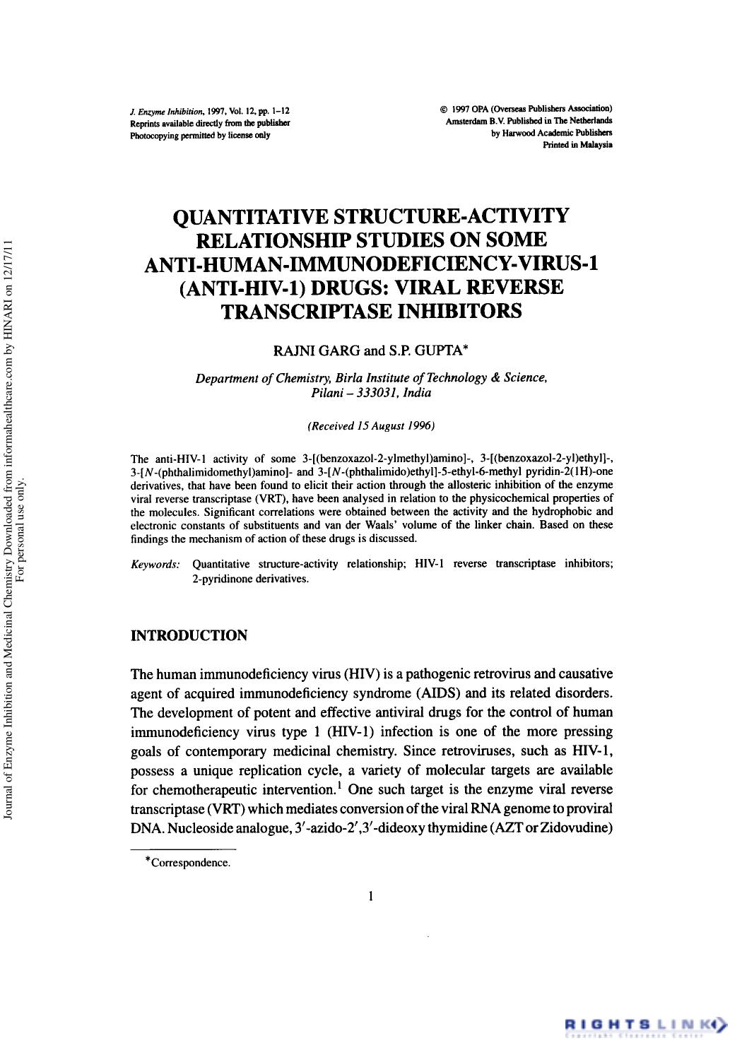 Quantitative Structure-Activity Relationship Studies on Some Anti-Human-Immunodeficiency-Virus-1 (Anti-Hiv-1) Drugs: Viral Reverse Transcriptase Inhibitors by Rajni Garg & S. P. Gupta