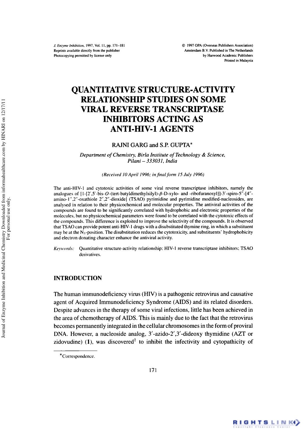 Quantitative Structure-Activity Relationship Studies on Some Viral Reverse Transcriptase Inhibitors Acting as Anti-Hiv-1 Agents by Rajni Garg & S. P. Gupta
