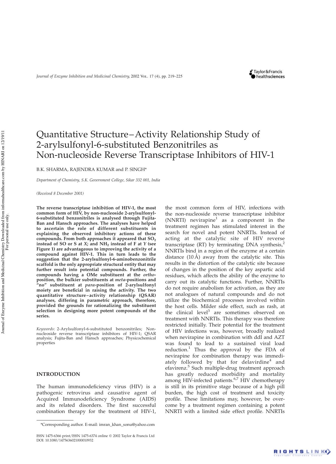 Quantitative Structure-Activity Relationship Study of 2-arylsulfonyl-6-substituted Benzonitriles as Non-nucleoside Reverse Transcriptase Inhibitors of HIV-1 by B.K. Sharma Rajendra Kumar & P. Singh