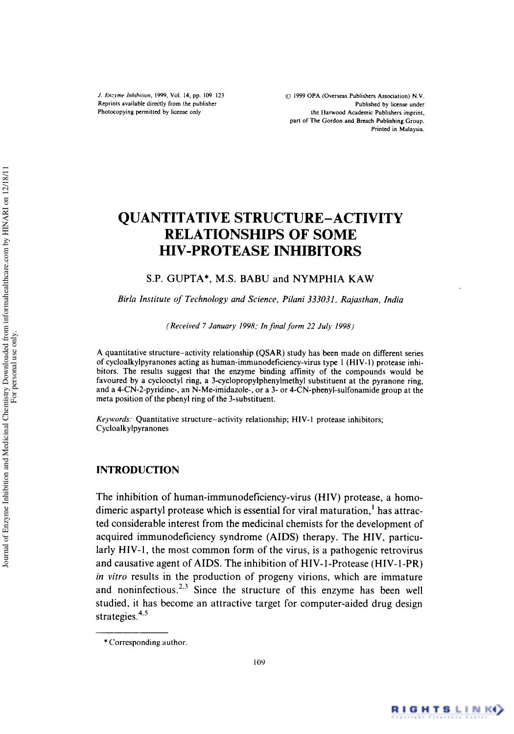 Quantitative Structure-Activity Relationships of Some Hiv-Protease Inhibitors by S. P. Gupta M. S. Babu & Nymphia Kaw