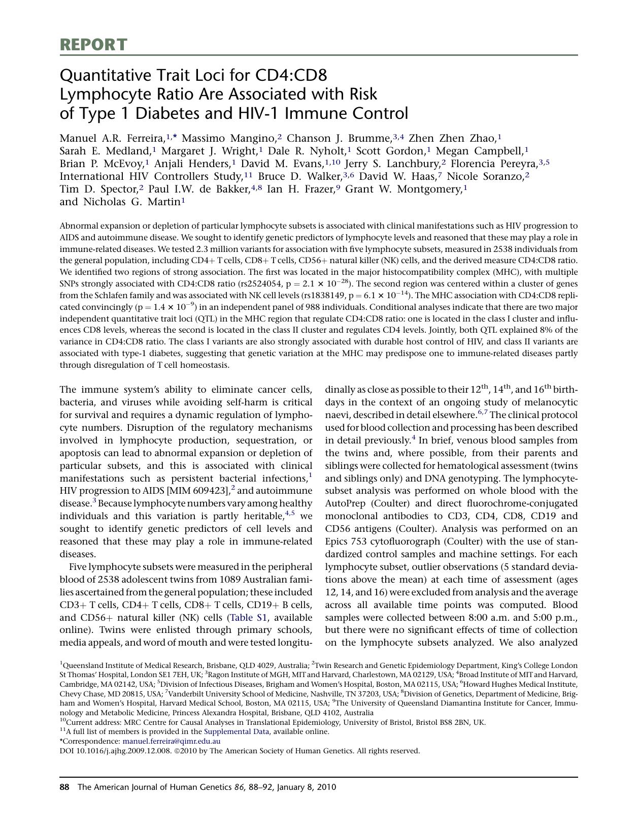 Quantitative Trait Loci for CD4:CD8 Lymphocyte Ratio Are Associated with Risk of Type 1 Diabetes and HIV-1 Immune Control by unknow
