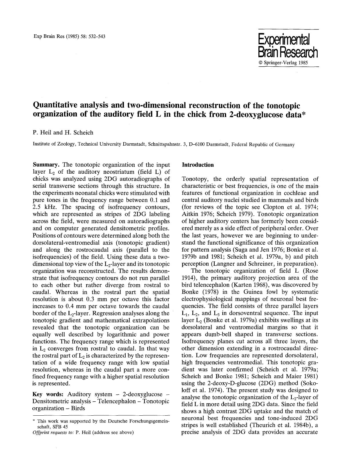 Quantitative analysis and two-dimensional reconstruction of the tonotopic organization of the auditory field L in the chick from 2-deoxyglucose data by Unknown