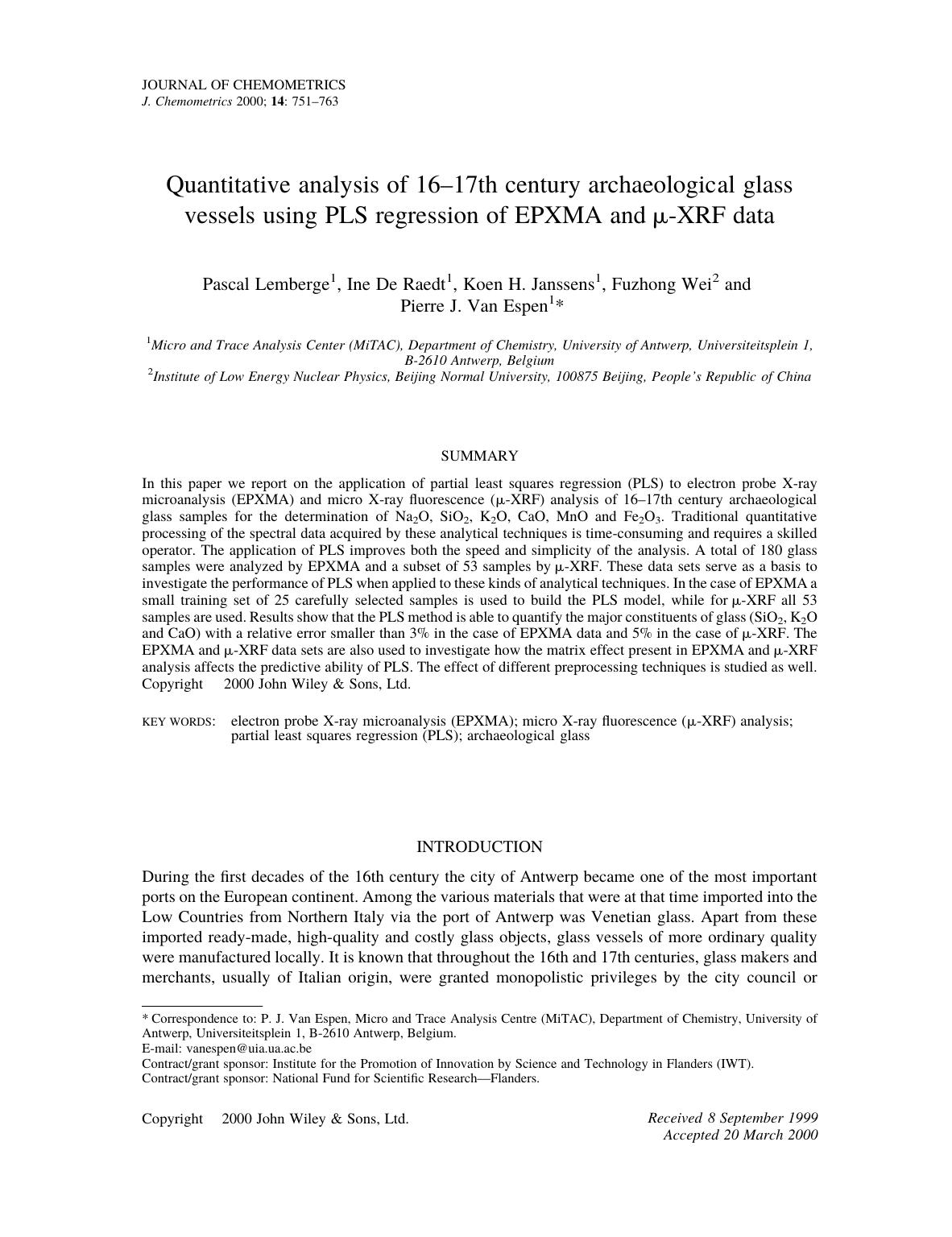 Quantitative analysis of 16-17th century archaeological glass vessels using PLS regression of EPXMA and[emsp14]Âµ-XRF data by Unknown