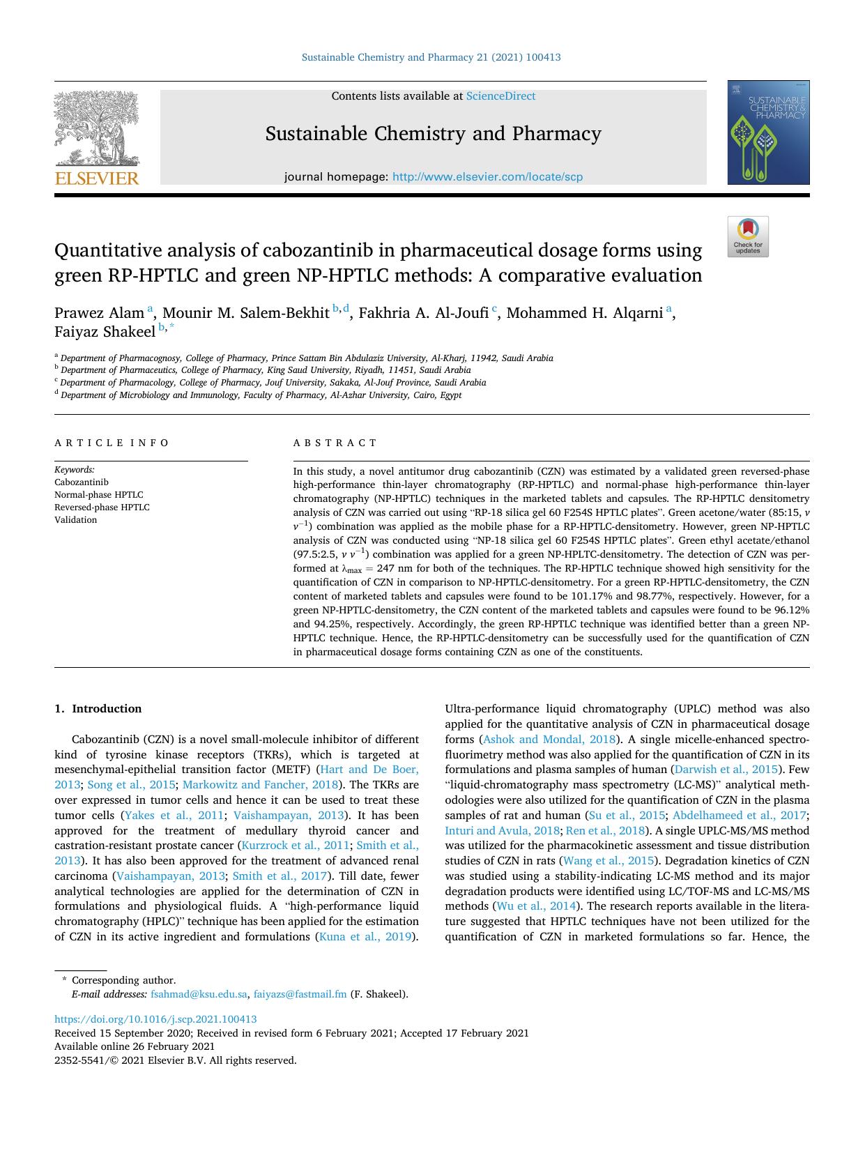 Quantitative analysis of cabozantinib in pharmaceutical dosage forms using green RP-HPTLC and green NP-HPTLC methods: A comparative evaluation by Prawez Alam & Mounir M. Salem-Bekhit & Fakhria A. Al-Joufi & Mohammed H. Alqarni & Faiyaz Shakeel