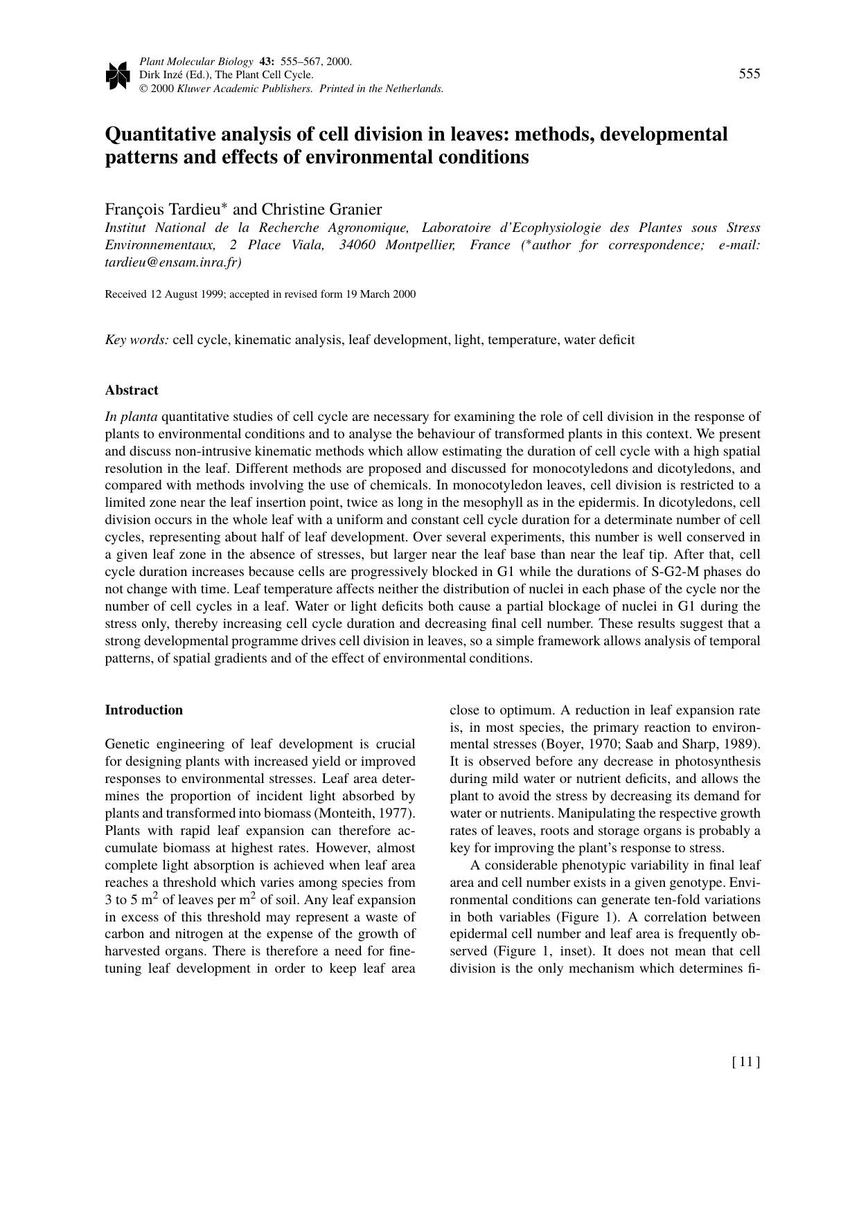 Quantitative analysis of cell division in leaves: methods, developmental patterns and effects of environmental conditions by Unknown