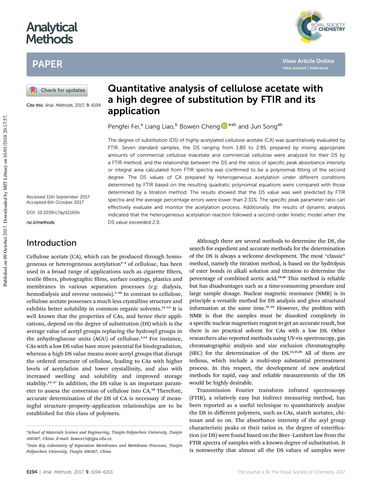Quantitative analysis of cellulose acetate with a high degree of substitution by FTIR and its application by Pengfei Fei & Liang Liao & Bowen Cheng & Jun Song