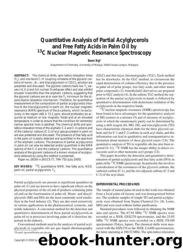 Quantitative analysis of partial acylglycerols and free fatty acids in palm oil by  <Superscript>13 <Superscript>C nuclear magnetic resonance spectroscopy by Unknown