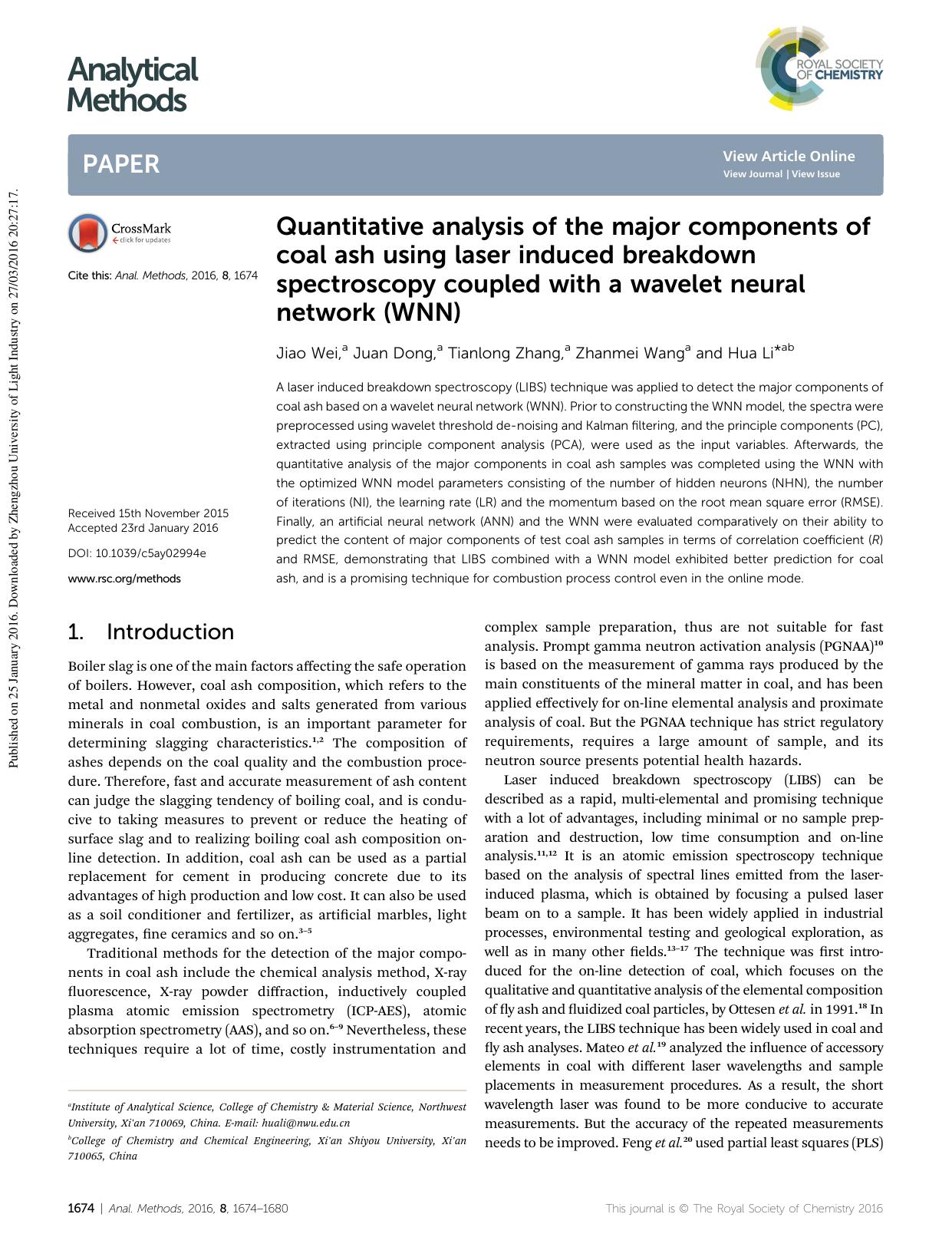 Quantitative analysis of the major components of coal ash using laser induced breakdown spectroscopy coupled with a wavelet neural network (WNN) by Jiao Wei & Juan Dong & Tianlong Zhang & Zhanmei Wang & Hua Li
