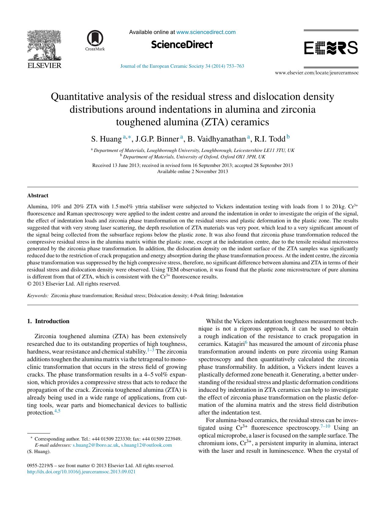 Quantitative analysis of the residual stress and dislocation density distributions around indentations in alumina and zirconia toughened alumina (ZTA) ceramics by S. Huang & J.G.P. Binner & B. Vaidhyanathan & R.I. Todd