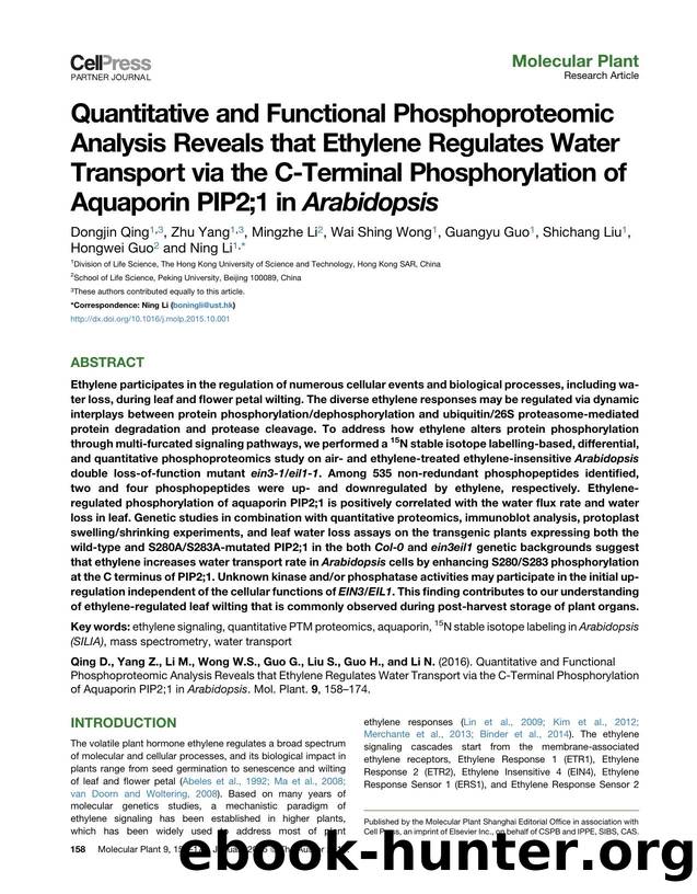 Quantitative and Functional Phosphoproteomic Analysis Reveals that Ethylene Regulates Water Transport via the C-Terminal Phosphorylation of Aquaporin PIP2;1 in Arabidopsis by unknow