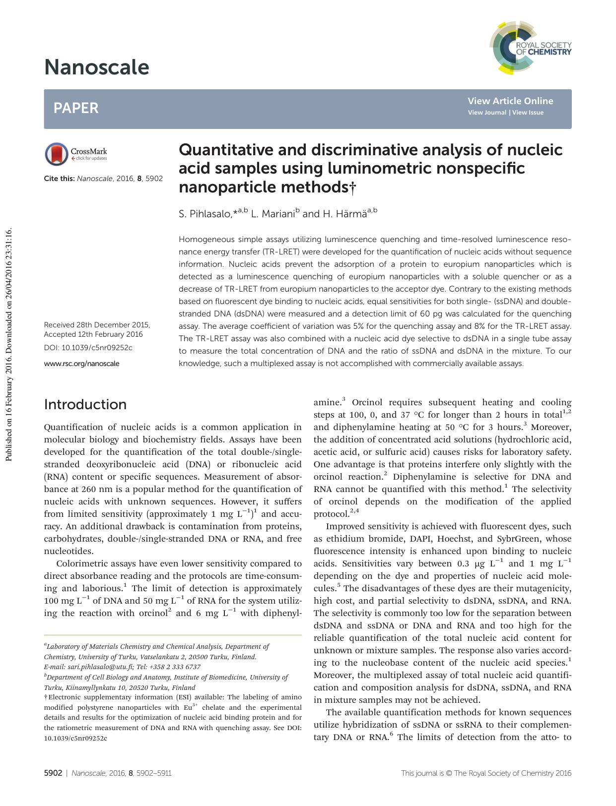 Quantitative and discriminative analysis of nucleic acid samples using luminometric nonspecific nanoparticle methods by S. Pihlasalo L. Mariani H. Härmä