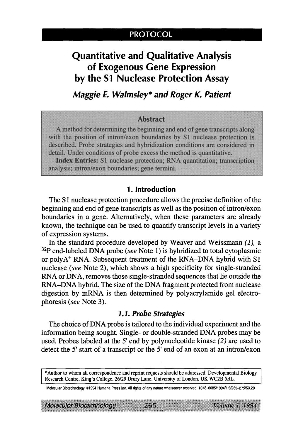 Quantitative and qualitative analysis of exogenous gene expression by the S1 nuclease protection assay by Unknown