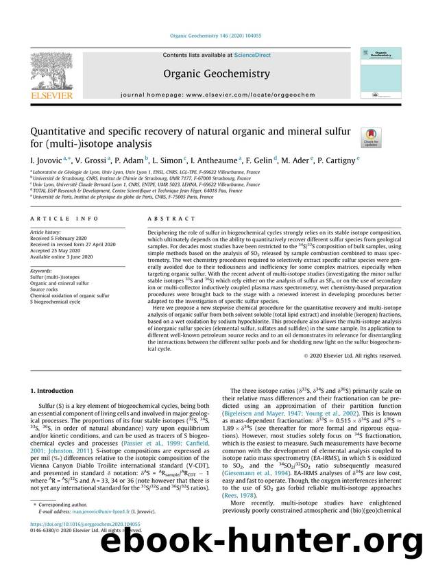 Quantitative and specific recovery of natural organic and mineral sulfur for (multi-)isotope analysis by I. Jovovic & V. Grossi & P. Adam & L. Simon & I. Antheaume & F. Gelin & M. Ader & P. Cartigny