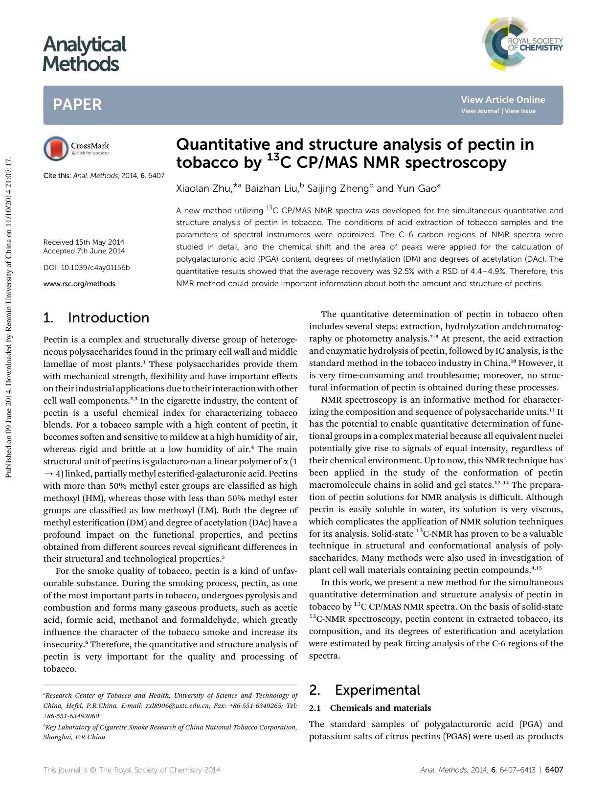 Quantitative and structure analysis of pectin in tobacco by 13C CPMAS NMR spectroscopy by Xiaolan Zhu & Baizhan Liu & Saijing Zheng & Yun Gao