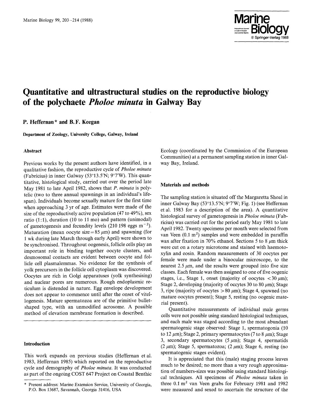 Quantitative and ultrastructural studies on the reproductive biology of the polychaete <Emphasis Type="Italic">Pholoe minuta<Emphasis> in Galway Bay by Unknown