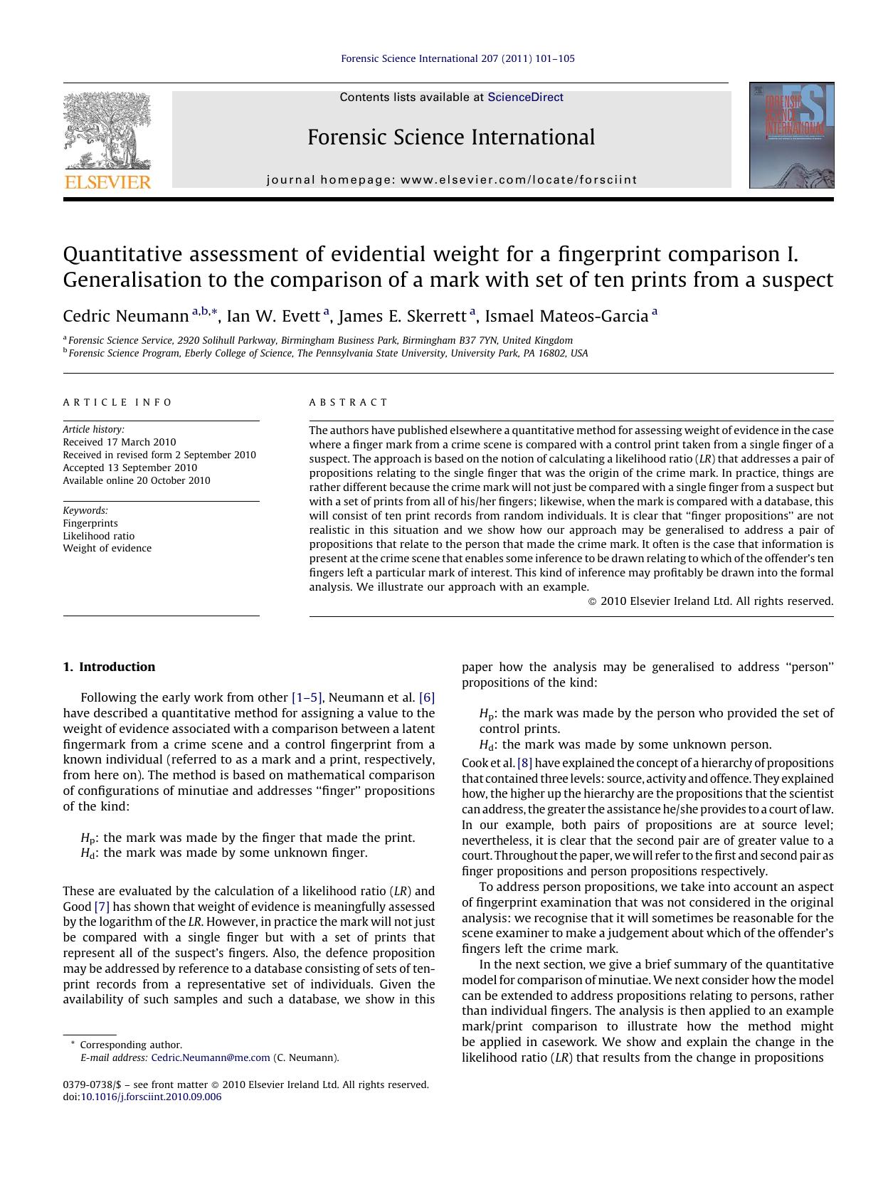 Quantitative assessment of evidential weight for a fingerprint comparison I. Generalisation to the comparison of a mark with set of ten prints from a suspect by Cedric Neumann