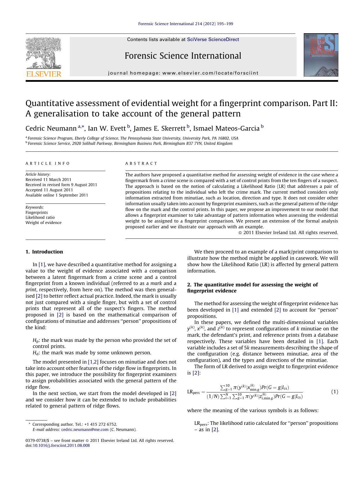 Quantitative assessment of evidential weight for a fingerprint comparison. Part II: A generalisation to take account of the general pattern by Cedric Neumann