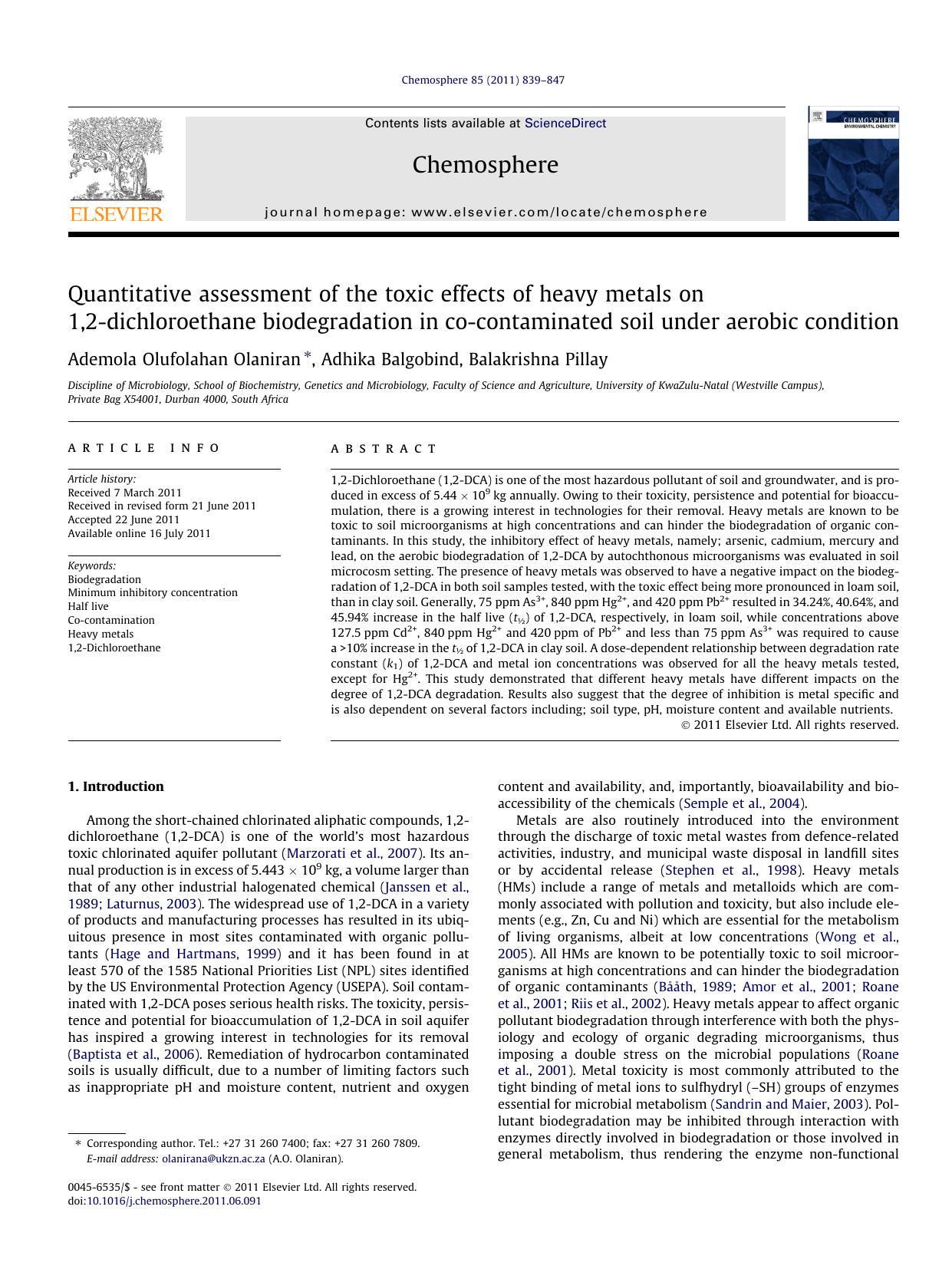 Quantitative assessment of the toxic effects of heavy metals on 1,2-dichloroethane biodegradation in co-contaminated soil under aerobic condition by Ademola Olufolahan Olaniran & Adhika Balgobind & Balakrishna Pillay