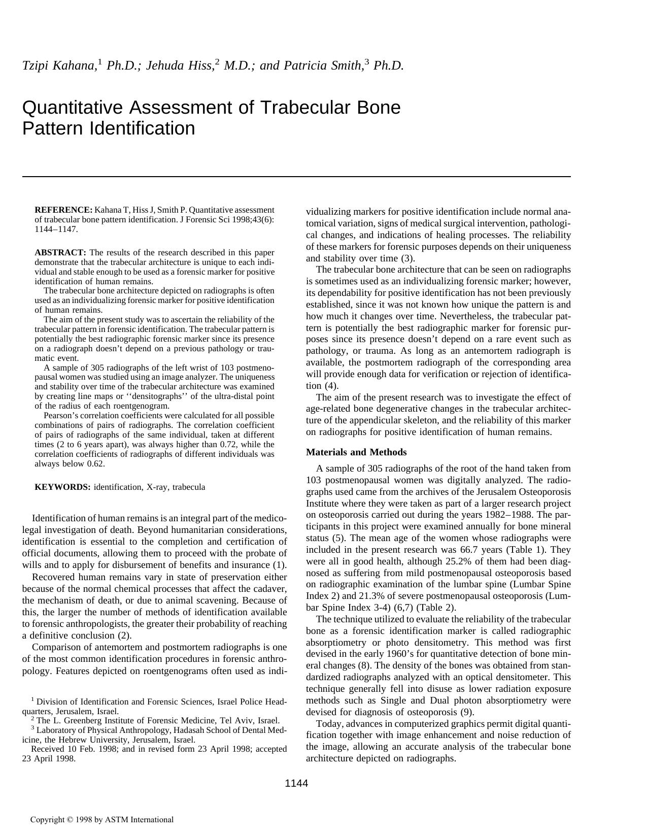 Quantitative assessment of trabecular bone pattern identification by Kahana T Hiss J Smith P