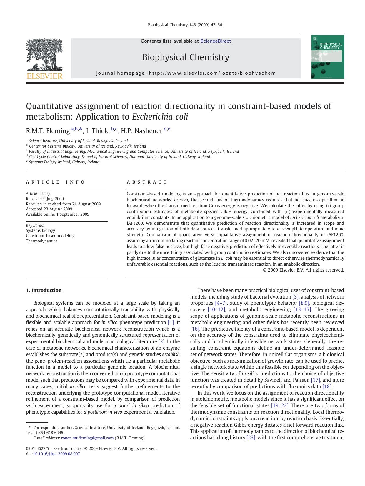 Quantitative assignment of reaction directionality in constraint-based models of metabolism: Application to Escherichia coli by R.M.T. Fleming; I. Thiele; H.P. Nasheuer