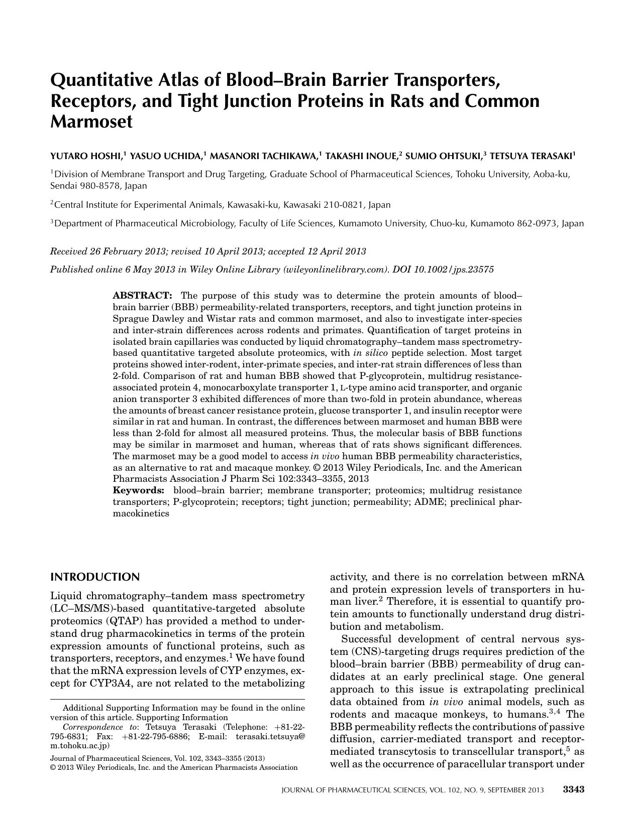 Quantitative atlas of bloodbrain barrier transporters, receptors, and tight junction proteins in rats and common marmoset by Unknown