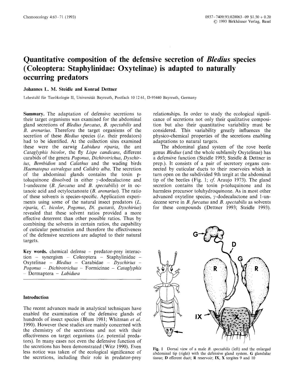 Quantitative composition of the defensive secretion of <Emphasis Type="Italic">Bledius <Emphasis> species (Coleoptera: Staphylinidae: Oxytelinae) is adapted to naturally occurring predators by Unknown