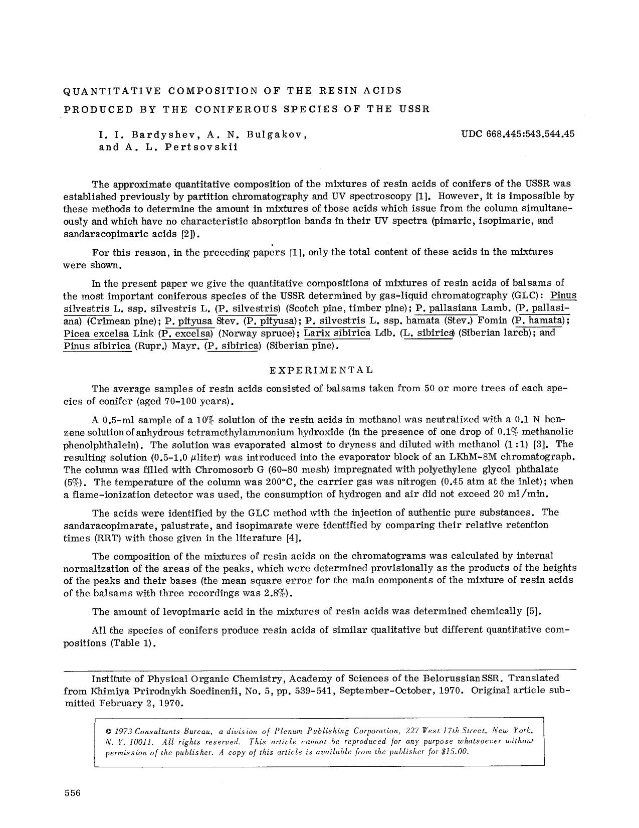 Quantitative composition of the resin acids produced by the coniferous species of the USSR by Unknown