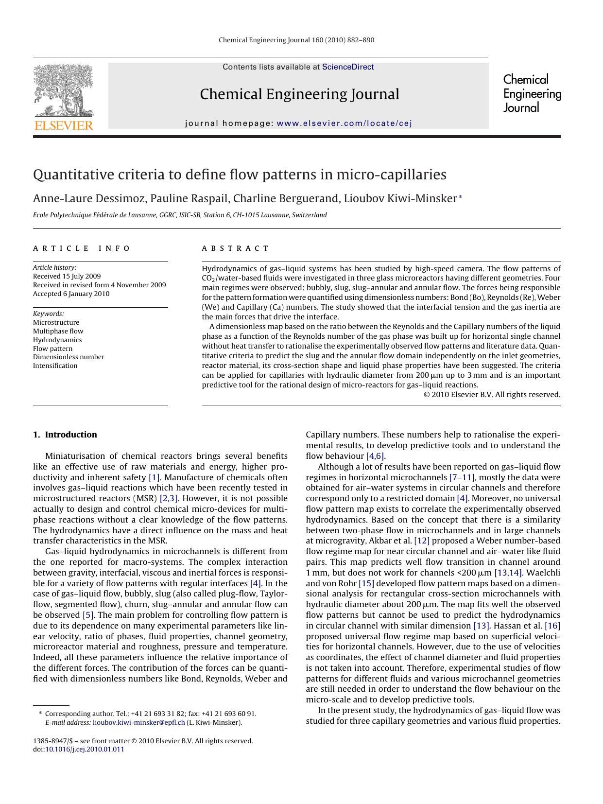 Quantitative criteria to define flow patterns in micro-capillaries by Anne-Laure Dessimoz; Pauline Raspail; Charline Berguerand; Lioubov Kiwi-Minsker