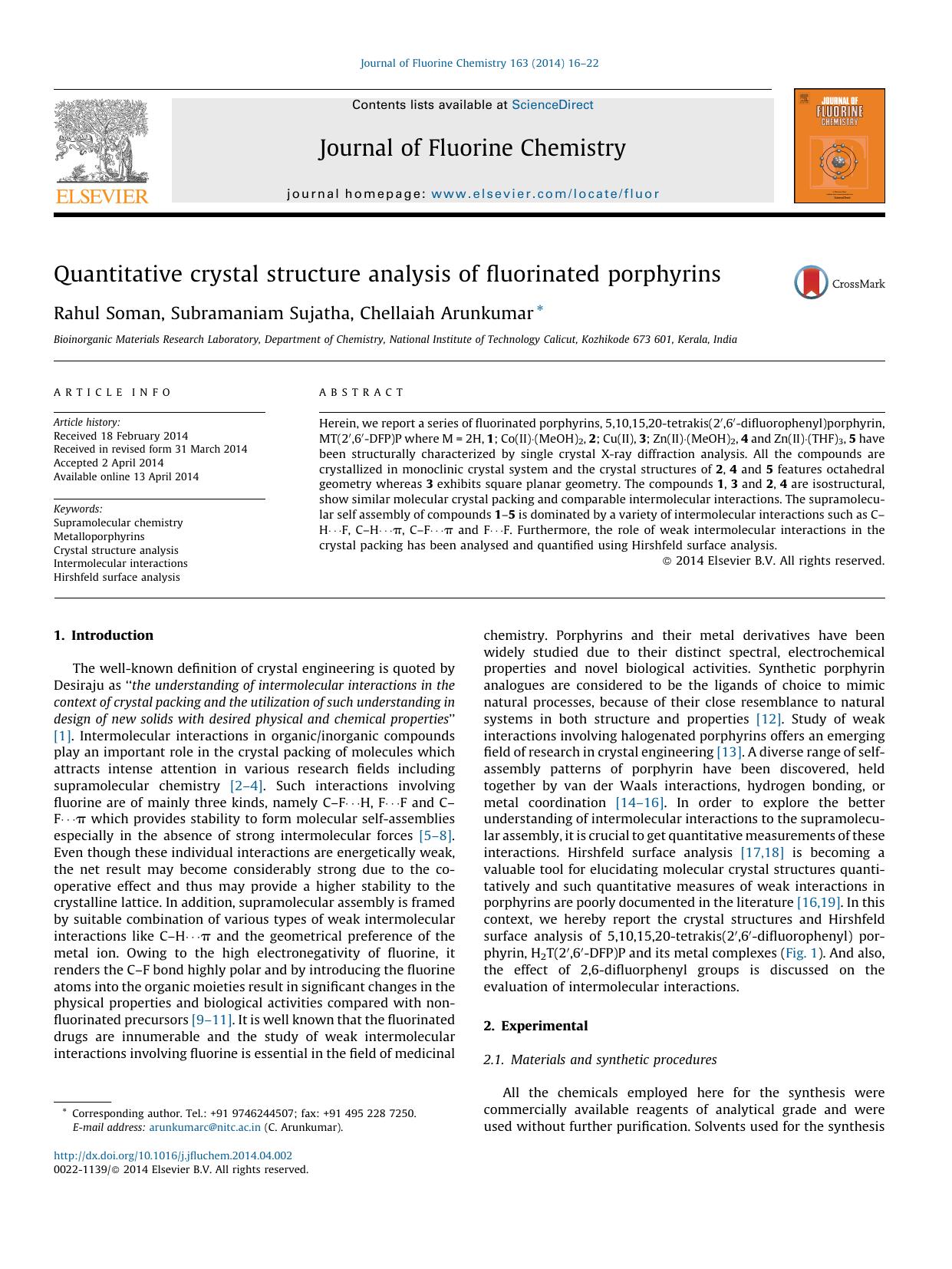 Quantitative crystal structure analysis of fluorinated porphyrins by Rahul Soman & Subramaniam Sujatha & Chellaiah Arunkumar