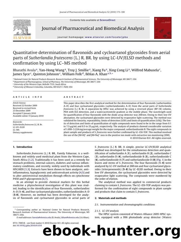 Quantitative determination of flavonoids and cycloartanol glycosides from aerial parts of Sutherlandia frutescens (L.) R. BR. by using LC-UVELSD methods and confirmation by using LCÃ¢â¬âMS method by unknow