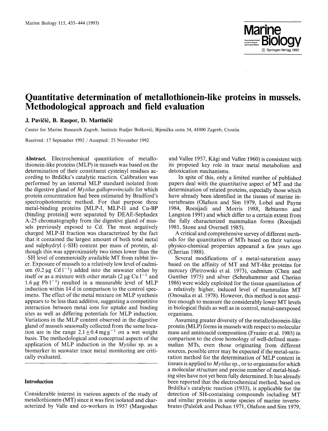 Quantitative determination of metallothionein-like proteins in mussels. Methodological approach and field evaluation by Unknown