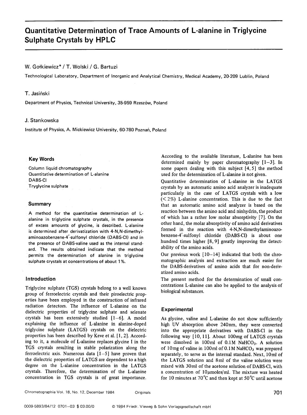 Quantitative determination of trace amounts of L-alanine in triglycine sulphate crystals by HPLC by Unknown