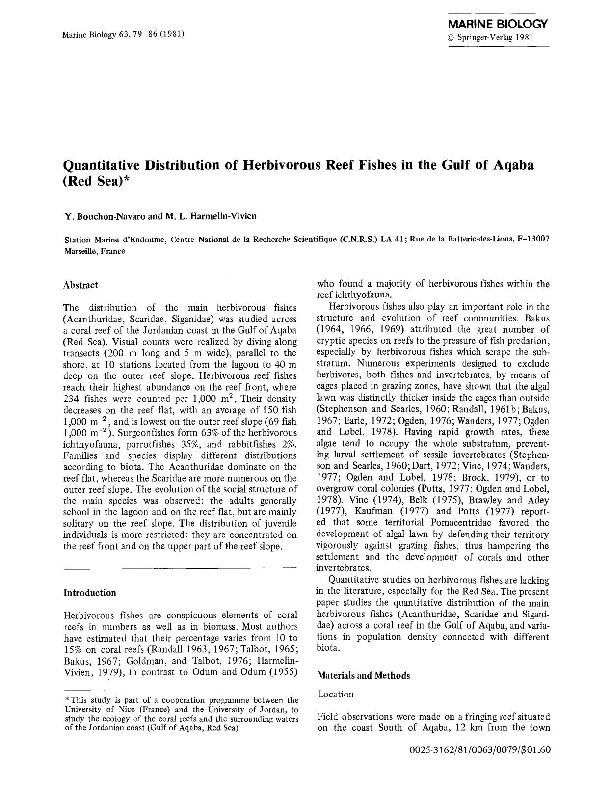 Quantitative distribution of herbivorous reef fishes in the Gulf of Aqaba (Red Sea) by Unknown