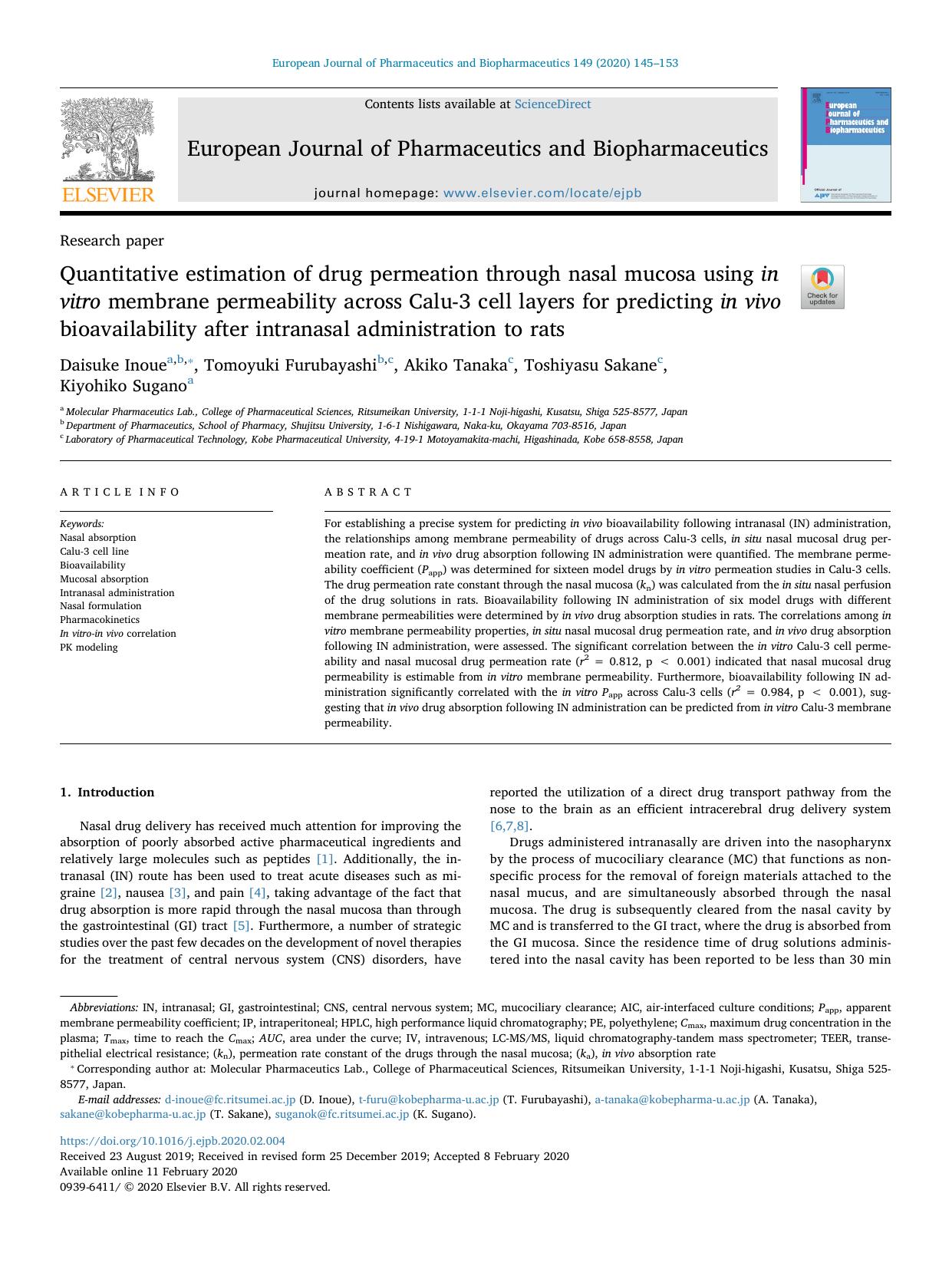 Quantitative estimation of drug permeation through nasal mucosa using in vitro membrane permeability across Calu-3 cell layers for predicting in vivo bioavailability after intranas by Daisuke Inoue & Tomoyuki Furubayashi & Akiko Tanaka & Toshiyasu Sakane & Kiyohiko Sugano