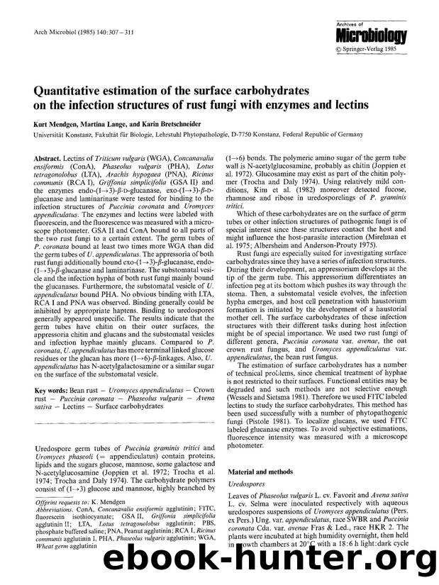 Quantitative estimation of the surface carbohydrates on the infection structures of rust fungi with enzymes and lectins by Unknown