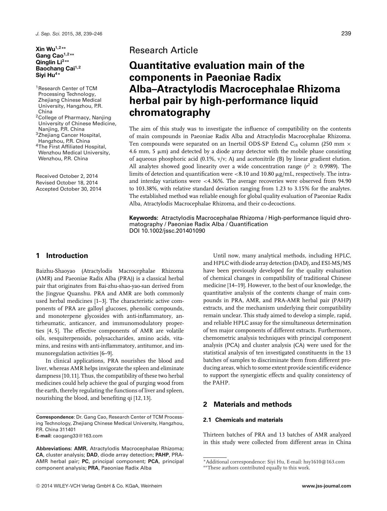 Quantitative evaluation main of the components in Paeoniae Radix Alba–Atractylodis Macrocephalae Rhizoma herbal pair by high‐performance liquid chromatography by Unknown