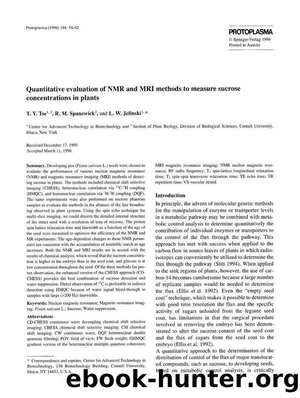 Quantitative evaluation of NMR and MRI methods to measure sucrose concentrations in plants by Unknown