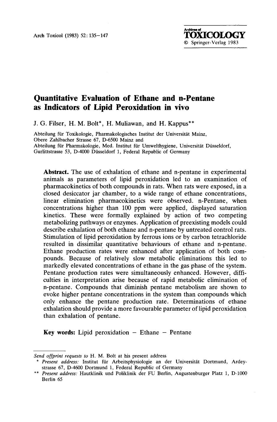 Quantitative evaluation of ethane and n-pentane as indicators of lipid peroxidation in vivo by Unknown