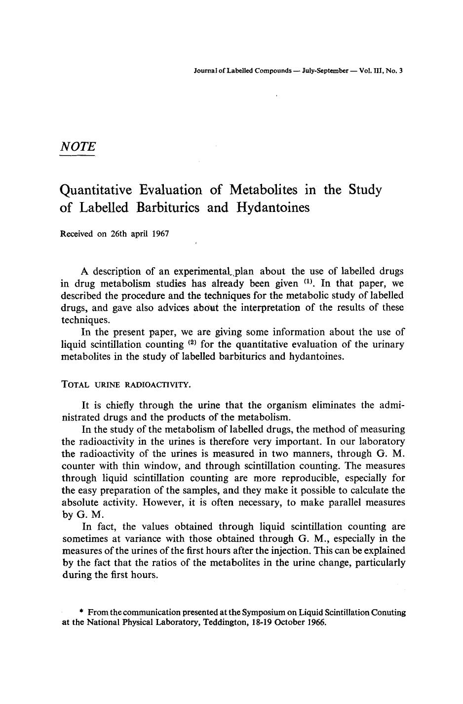 Quantitative evaluation of metabolites in the study of labelled barbiturics and hydantoines by Unknown