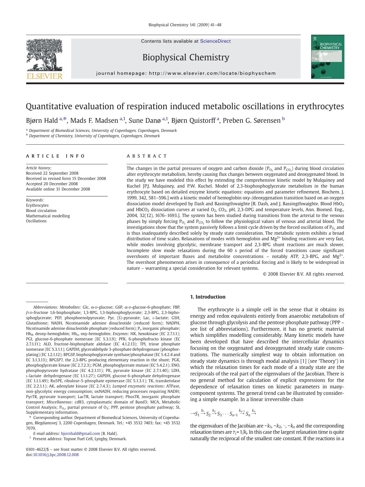 Quantitative evaluation of respiration induced metabolic oscillations in erythrocytes by Bjørn Hald; Mads F. Madsen; Sune Danø; Bjørn Quistorff; Preben G. Sørensen