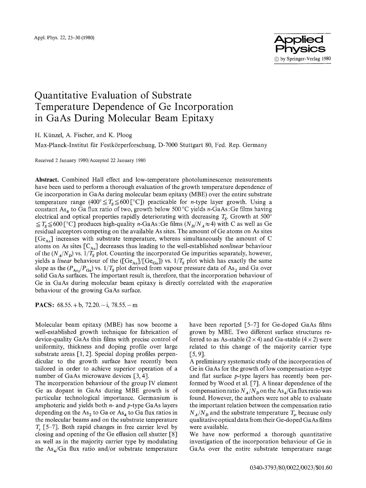 Quantitative evaluation of substrate temperature dependence of Ge incorporation in GaAs during molecular beam epitaxy by Unknown