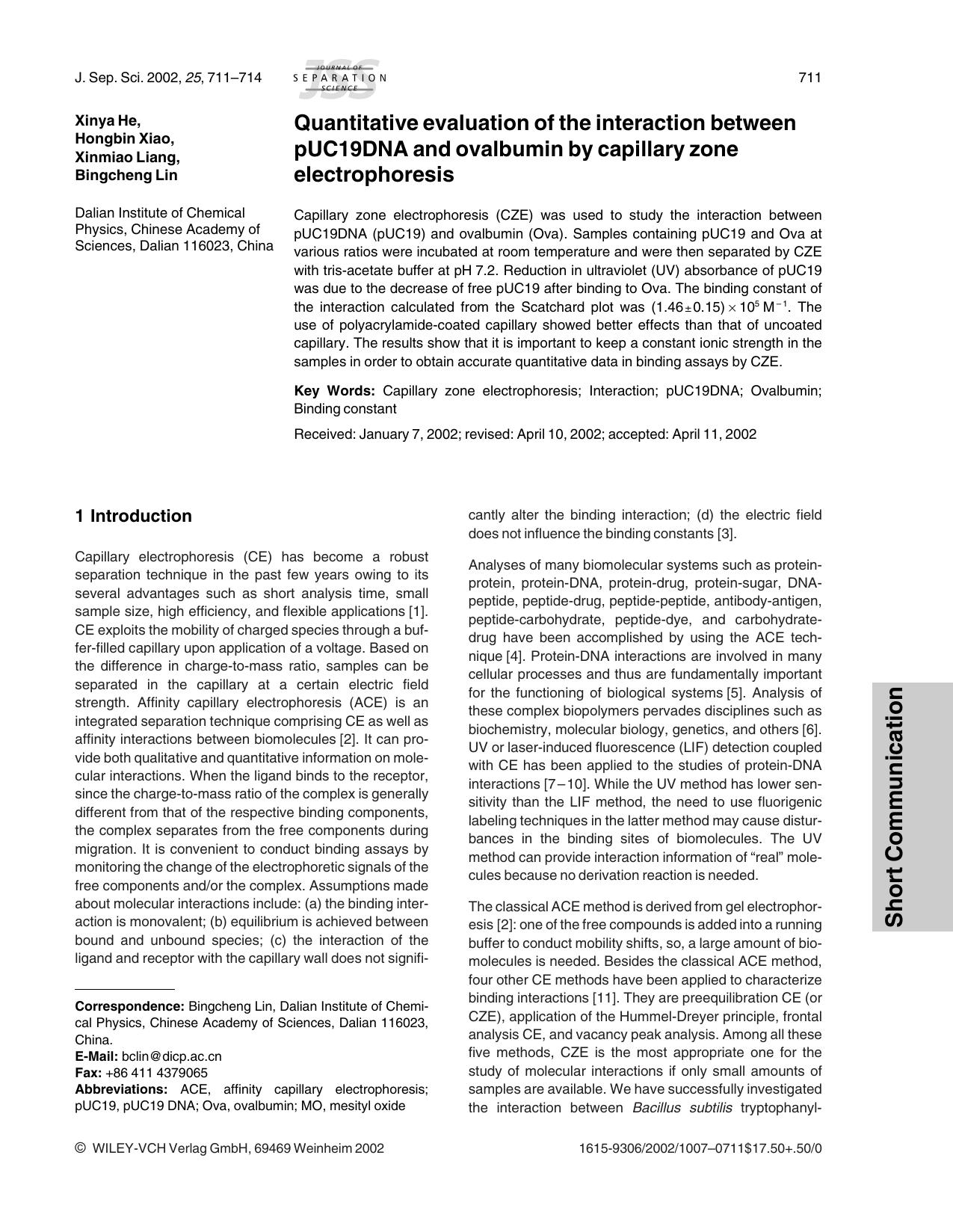 Quantitative evaluation of the interaction between pUC19DNA and ovalbumin by capillary zone electrophoresis by Unknown