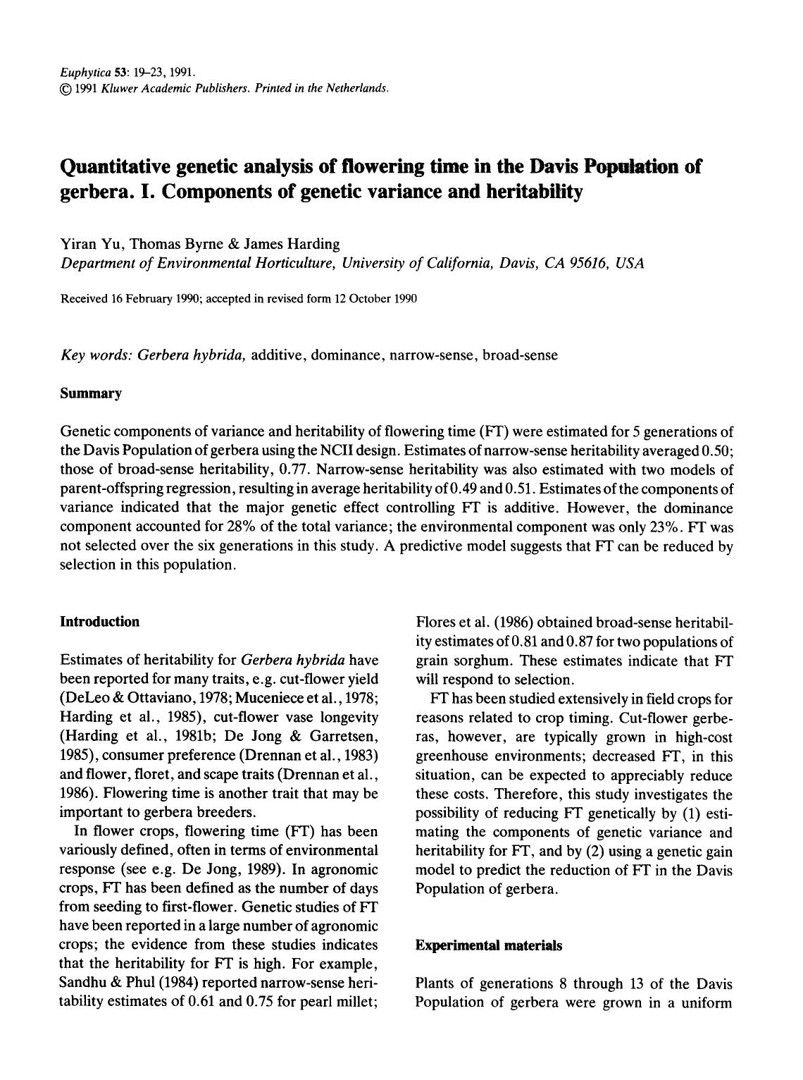 Quantitative genetic analysis of flowering time in the Davis Population of gerbera. I. Components of genetic variance and heritability by Unknown