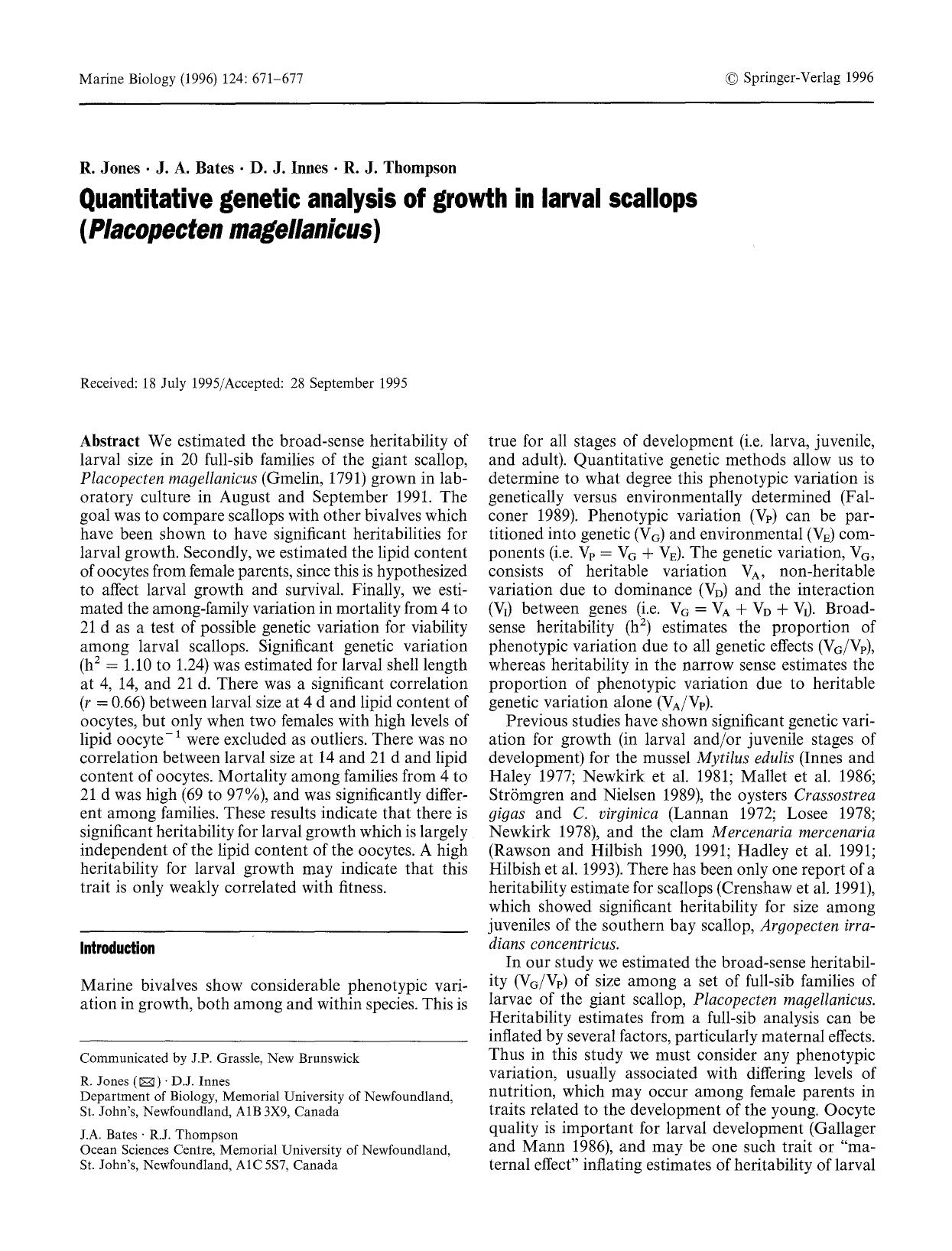 Quantitative genetic analysis of growth in larval scallops (<Emphasis Type="Italic">Placopecten magellanicus<Emphasis>) by Unknown