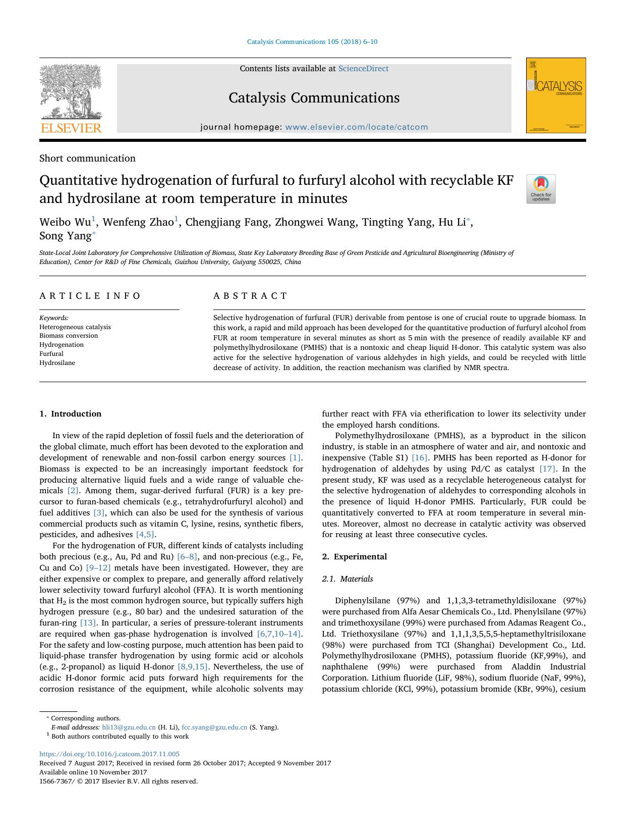 Quantitative hydrogenation of furfural to furfuryl alcohol with recyclable KF and hydrosilane at room temperature in minutes by Weibo Wu & Wenfeng Zhao & Chengjiang Fang & Zhongwei Wang & Tingting Yang & Hu Li & Song Yang