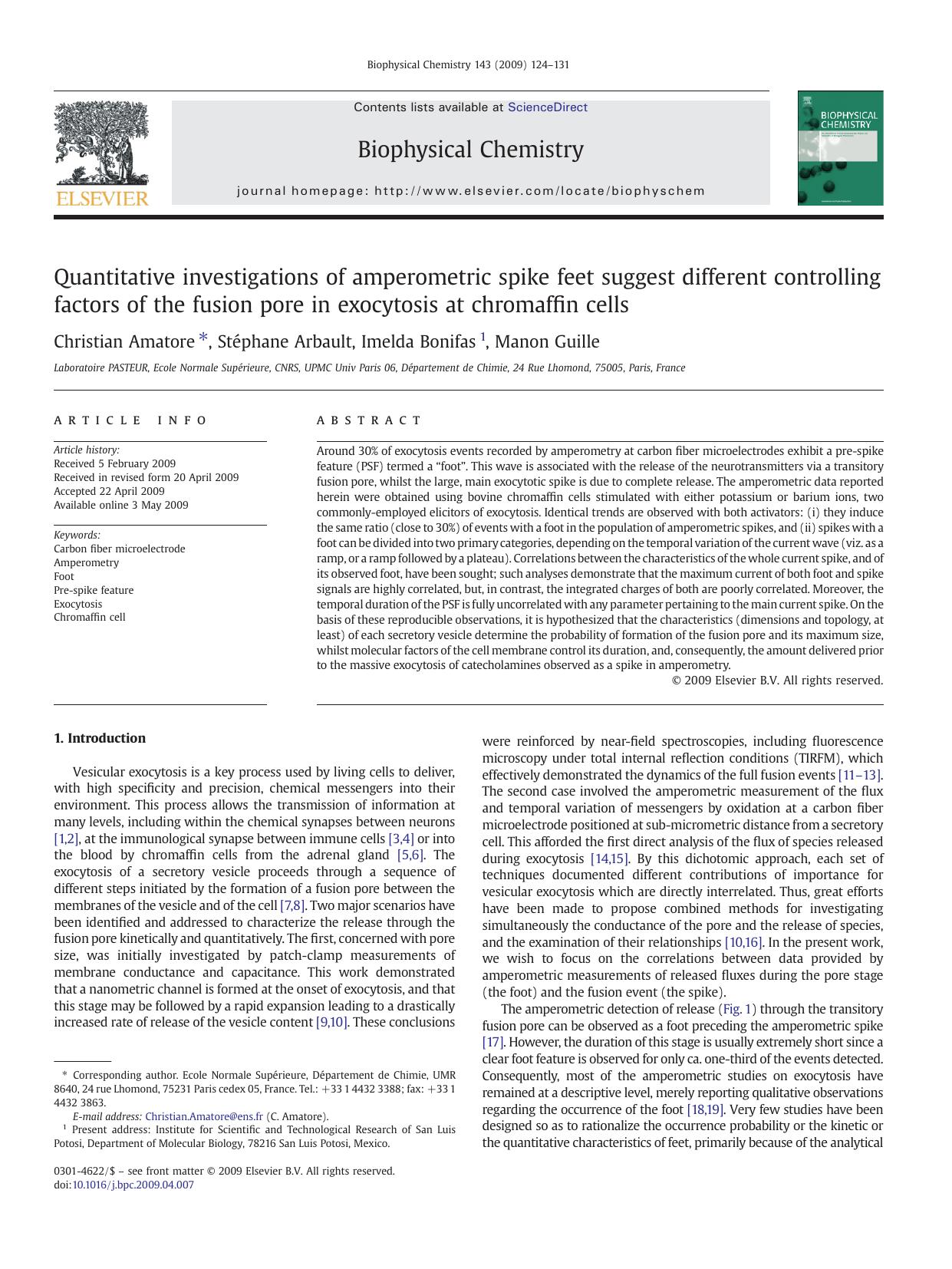 Quantitative investigations of amperometric spike feet suggest different controlling factors of the fusion pore in exocytosis at chromaffin cells by Christian Amatore; Stéphane Arbault; Imelda Bonifas; Manon Guille