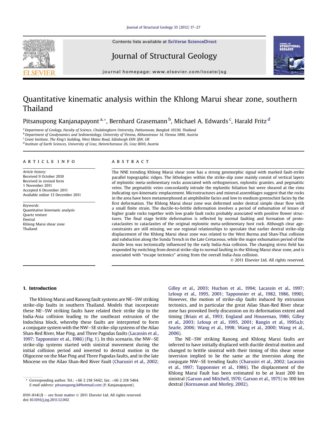 Quantitative kinematic analysis within the Khlong Marui shear zone, southern Thailand by Pitsanupong Kanjanapayont & Bernhard Grasemann & Michael A. Edwards & Harald Fritz