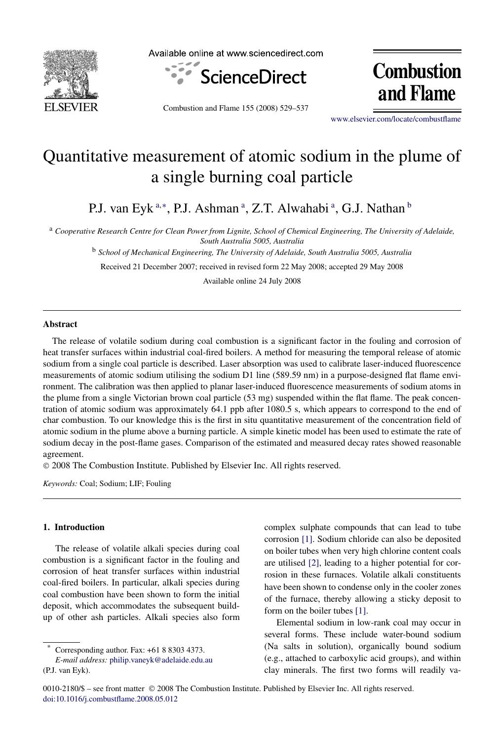 Quantitative measurement of atomic sodium in the plume of a single burning coal particle by P.J. van Eyk; P.J. Ashman; Z.T. Alwahabi; G.J. Nathan