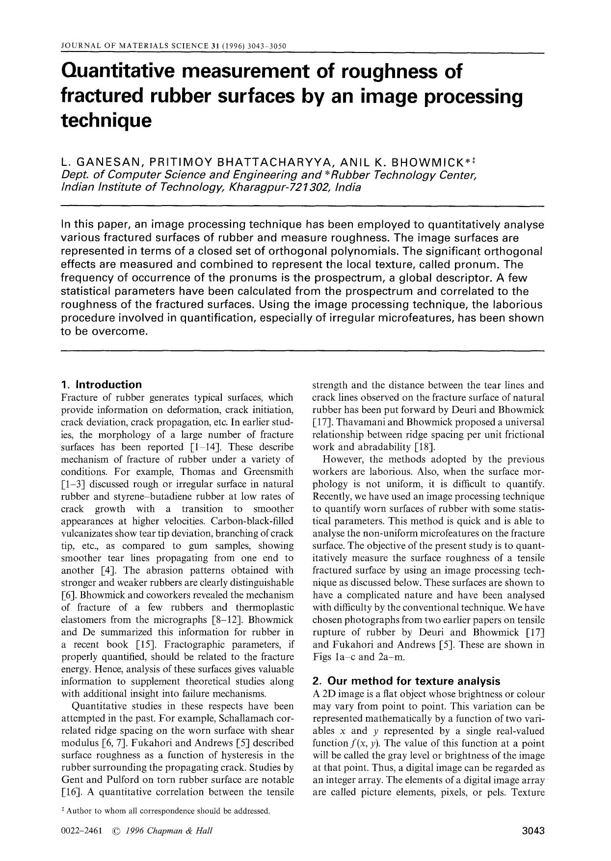 Quantitative measurement of roughness of fractured rubber surfaces by an image processing technique by Unknown