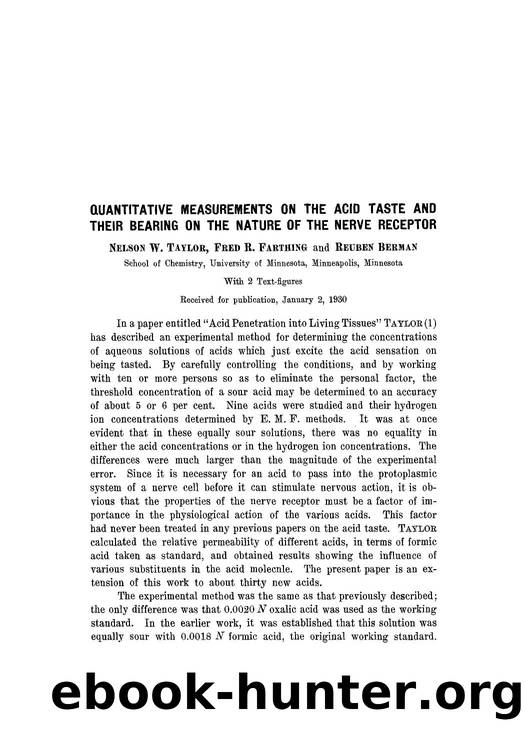 Quantitative measurements on the acid taste and their bearing on the nature of the nerve receptor by Unknown